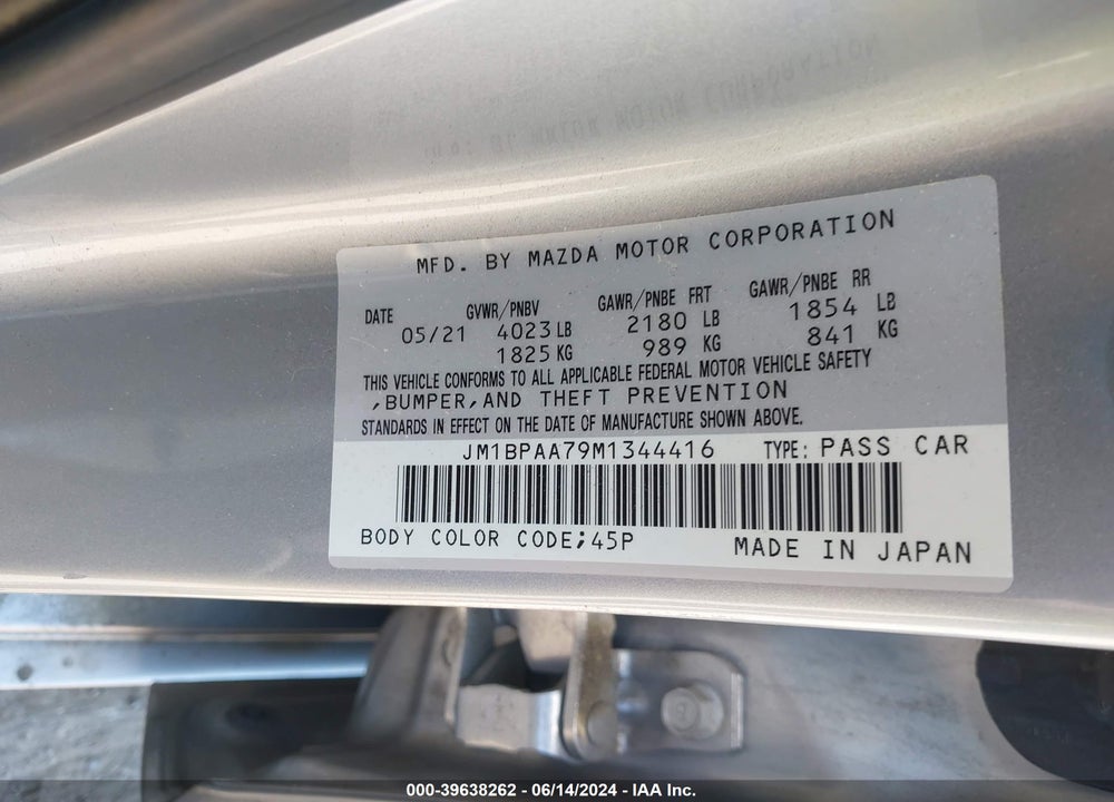 2021 MAZDA 3 2.0 VIN: JM1BPAA79M1344416