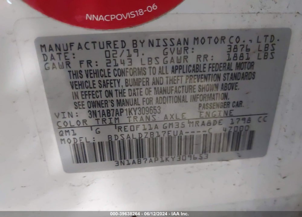 2019 NISSAN SENTRA SV VIN: 3N1AB7AP1KY309653