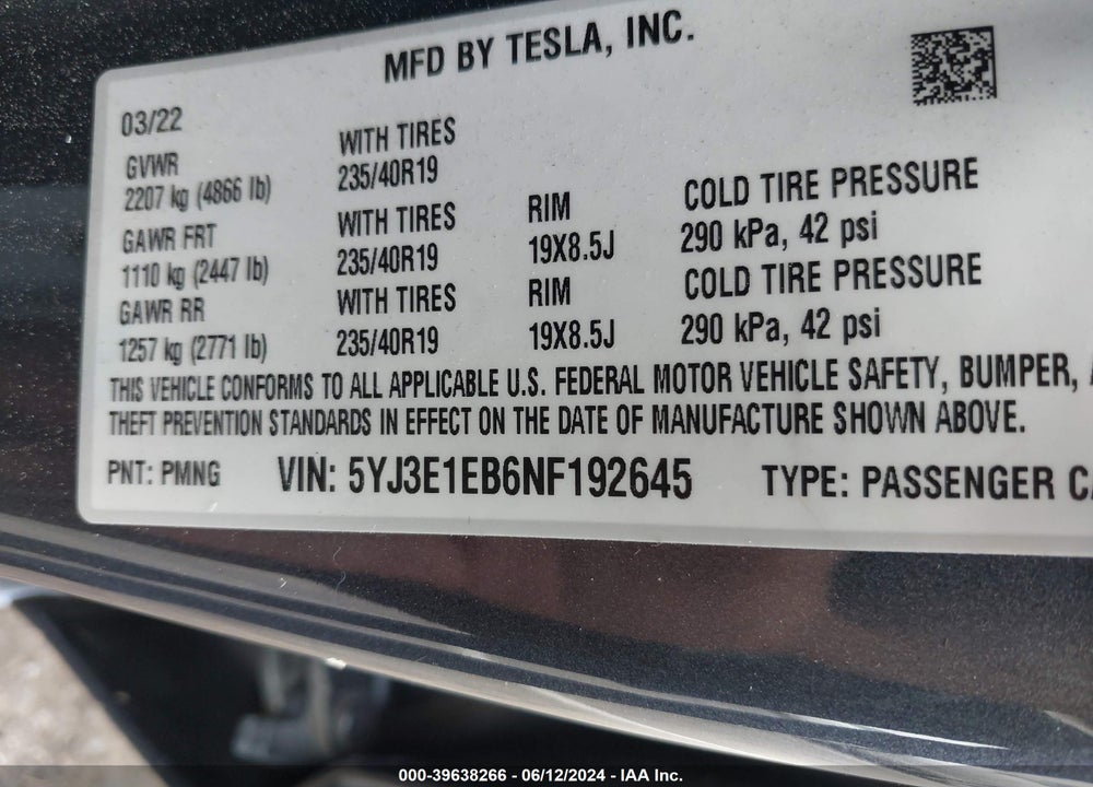 2022 TESLA MODEL 3 LONG RANGE DUAL MOTOR ALL-WHEEL DRIVE VIN: 5YJ3E1EB6NF192645