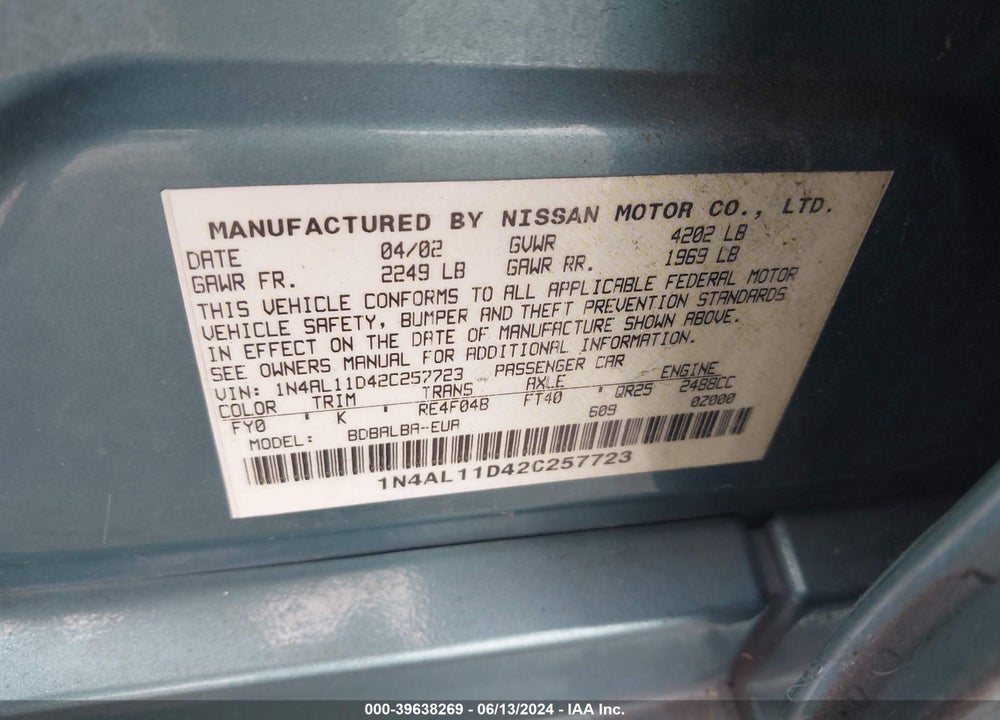 2002 NISSAN ALTIMA 2.5 S VIN: 1N4AL11D42C257723