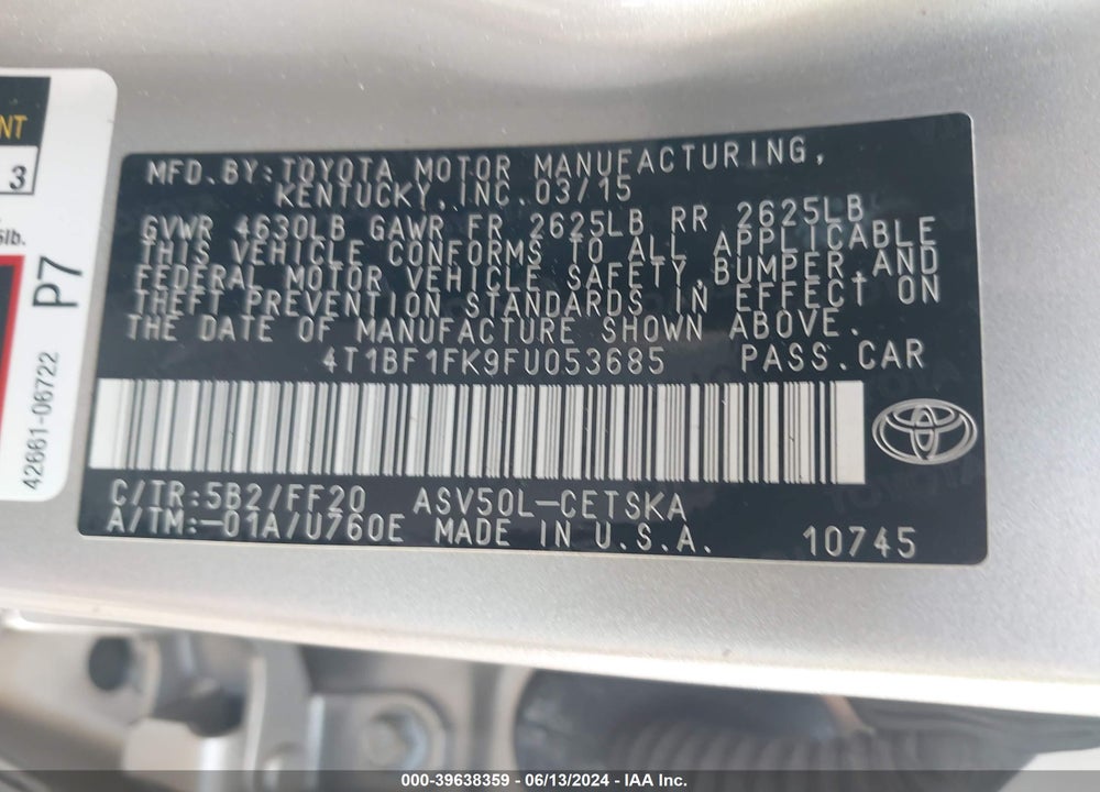2015 TOYOTA CAMRY SE VIN: 4T1BF1FK9FU053685