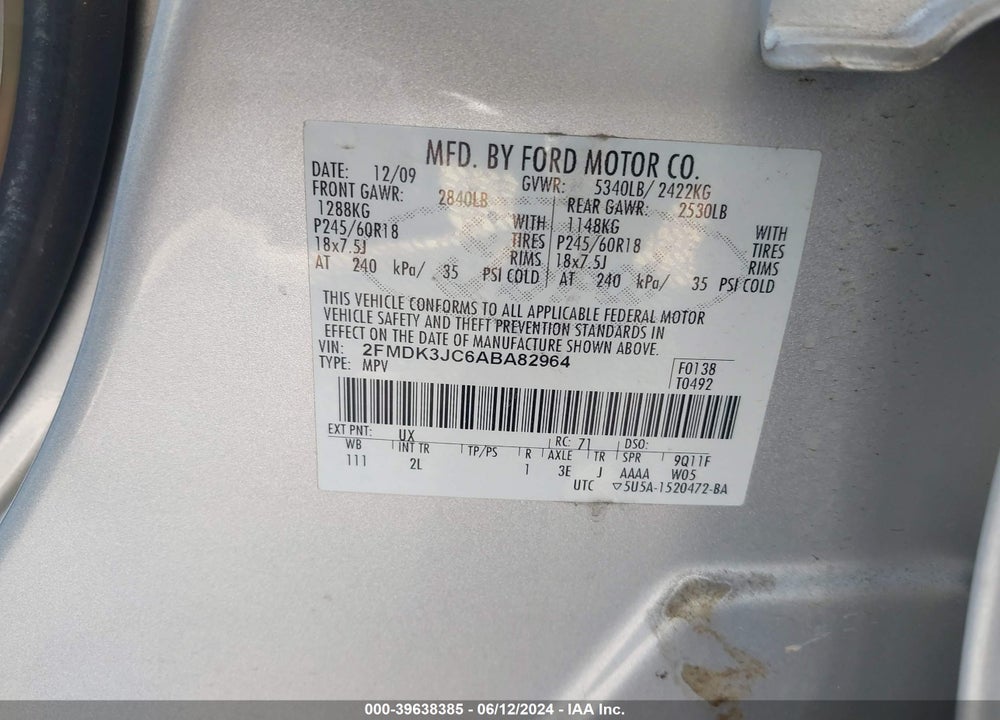 2010 FORD EDGE SEL VIN: 2FMDK3JC6ABA82964