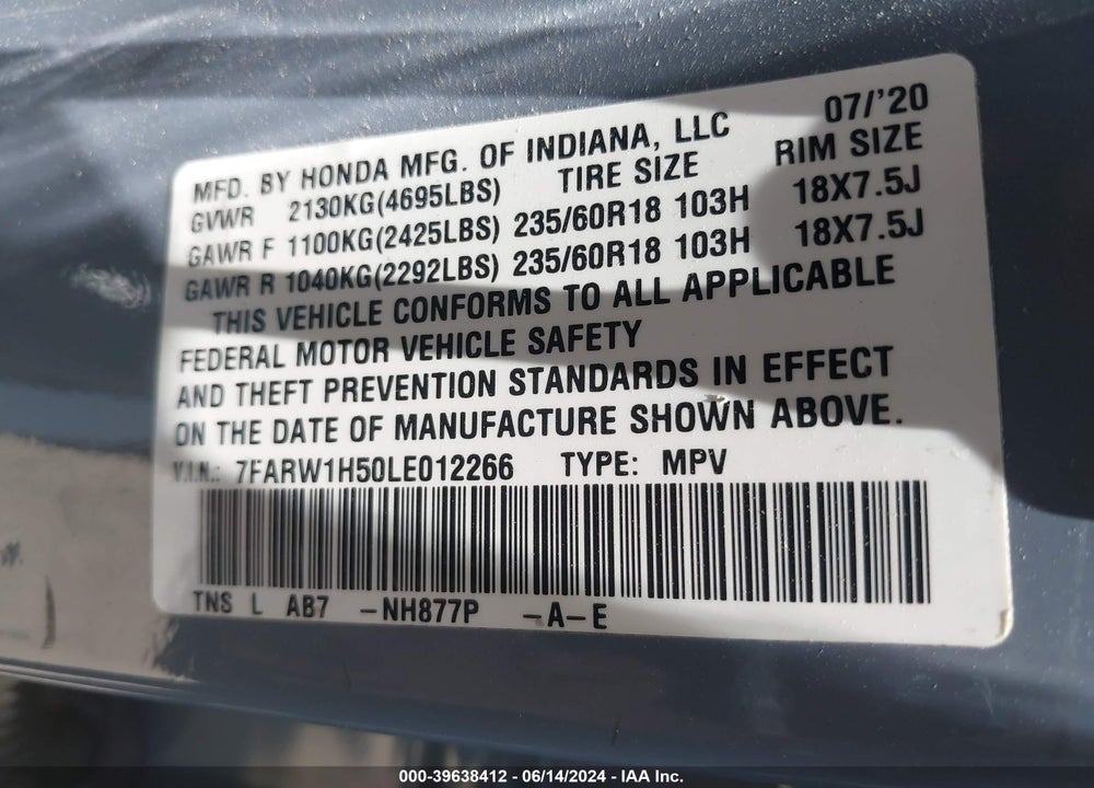 2020 HONDA CR-V 2WD EX VIN: 7FARW1H50LE012266