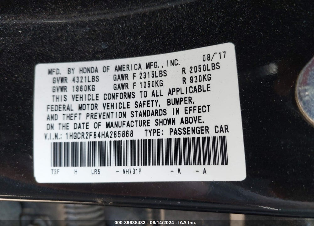 2017 HONDA ACCORD EX-L VIN: 1HGCR2F84HA285868