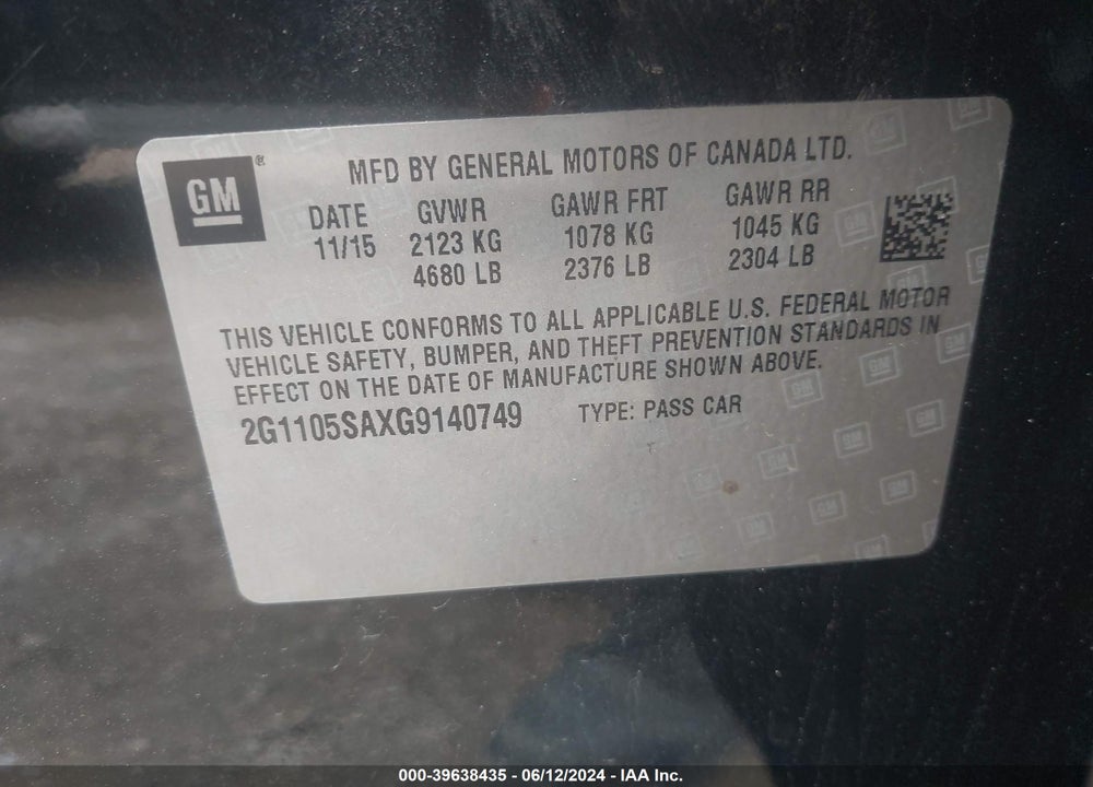 2016 CHEVROLET IMPALA 1LT VIN: 2G1105SAXG9140749