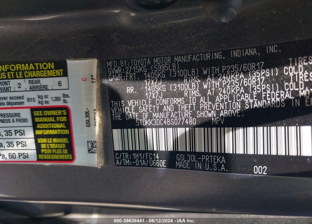 2011 TOYOTA SIENNA VIN: 5TDKK3DC4BS077480
