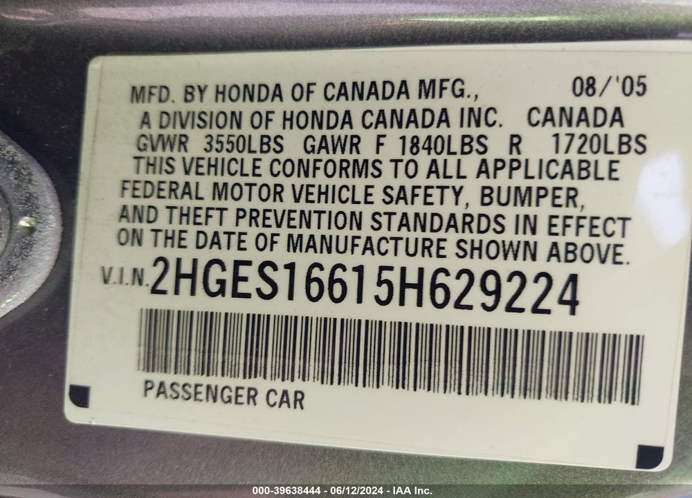 2005 HONDA CIVIC LX VIN: 2HGES16615H629224