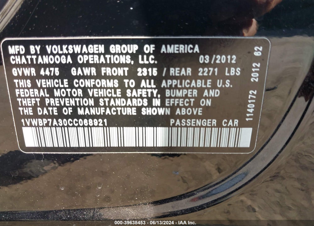 2012 VOLKSWAGEN PASSAT 2.5L SE VIN: 1VWBP7A30CC068921