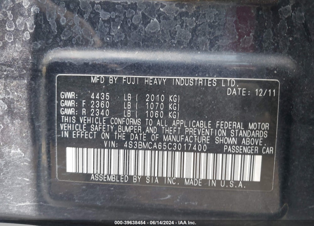 2012 SUBARU LEGACY 2.5I VIN: 4S3BMCA65C3017400