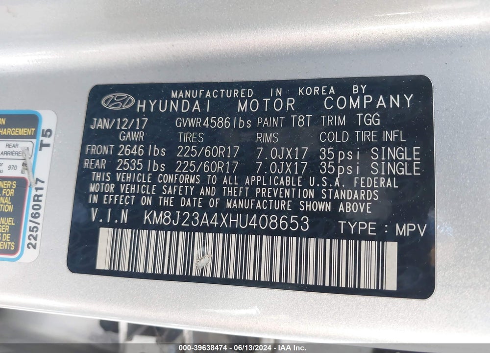 2017 HYUNDAI TUCSON SE VIN: KM8J23A4XHU408653