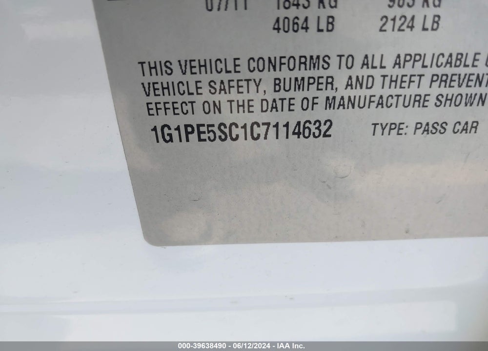2012 CHEVROLET CRUZE LT VIN: 1G1PE5SC1C7114632