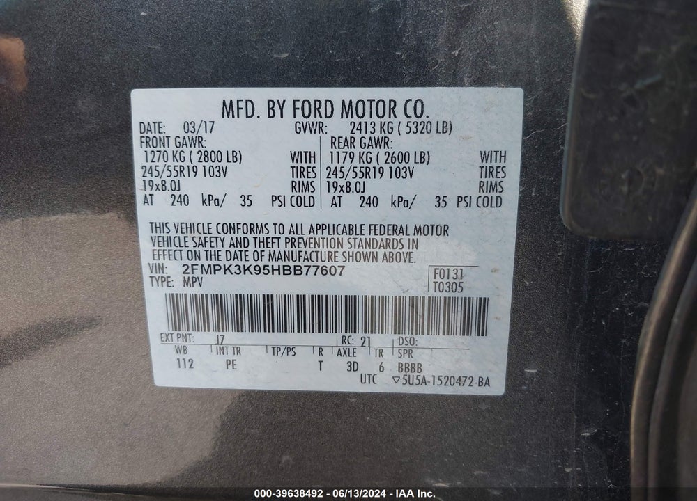 2017 FORD EDGE TITANIUM VIN: 2FMPK3K95HBB77607
