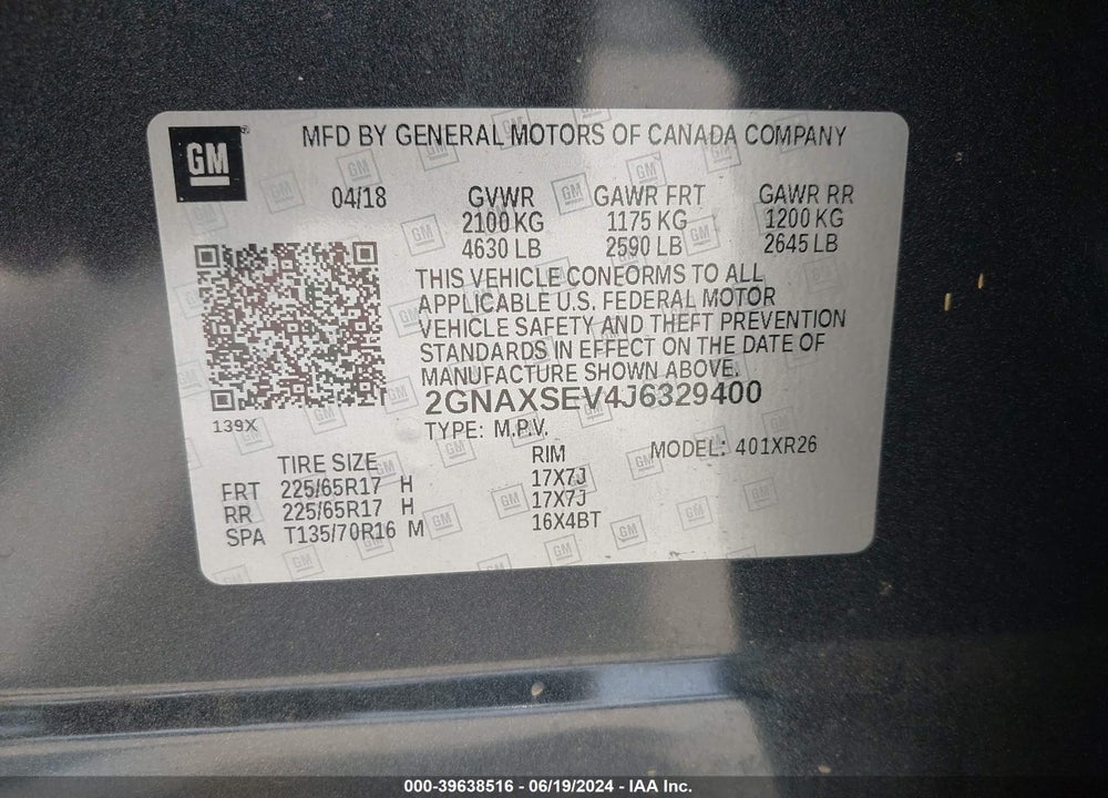 2018 CHEVROLET EQUINOX LT VIN: 2GNAXSEV4J6329400