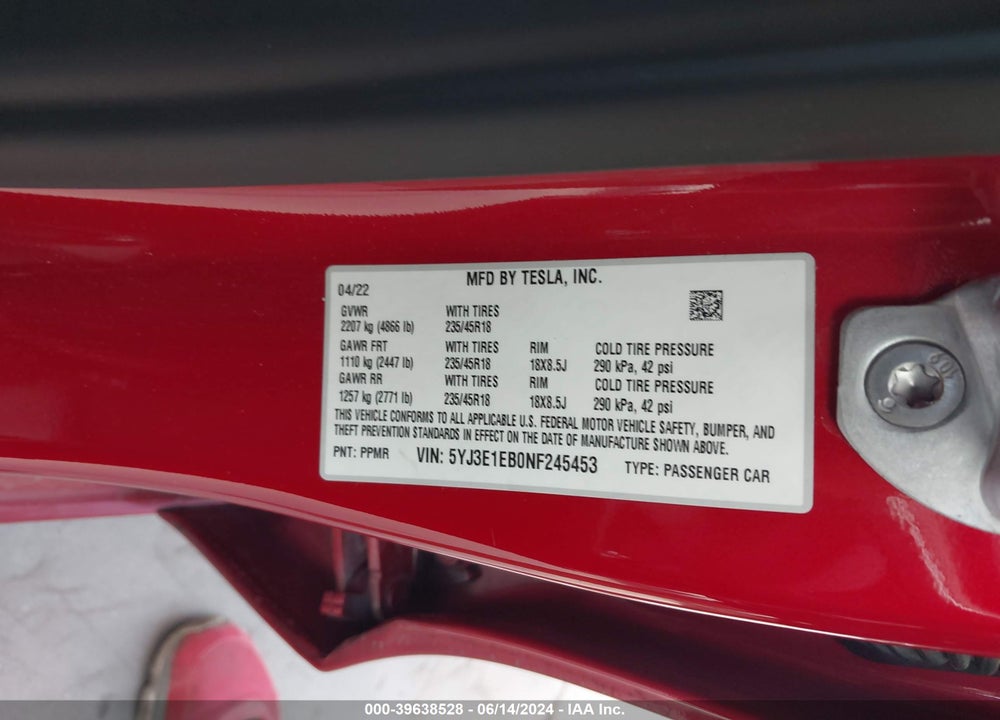 2022 TESLA MODEL 3 VIN: 5YJ3E1EB0NF245453