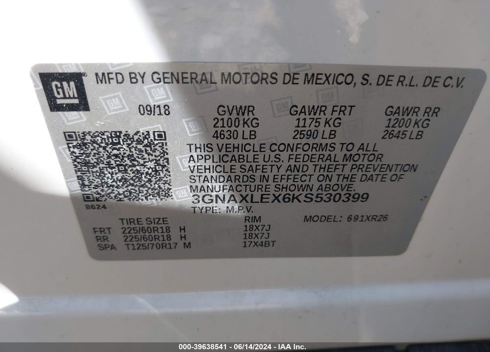 2019 CHEVROLET EQUINOX LT VIN: 3GNAXLEX6KS530399