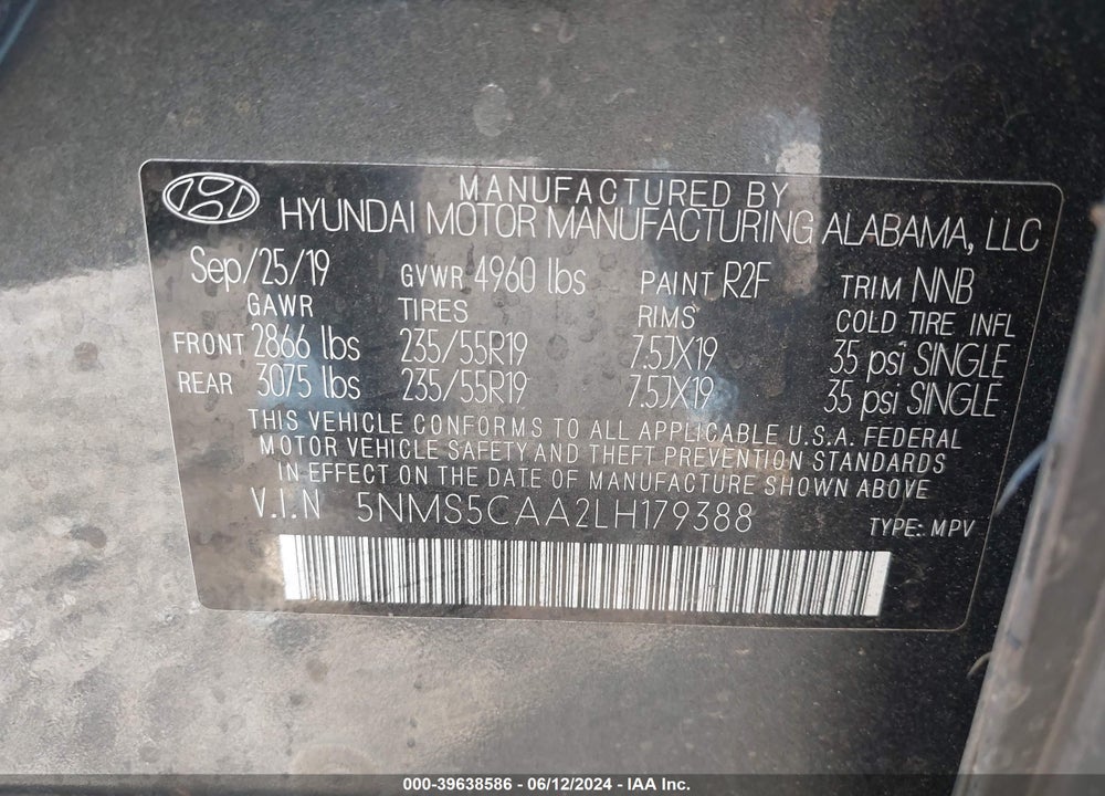 2020 HYUNDAI SANTA FE LIMITED 2.0T VIN: 5NMS5CAA2LH179388