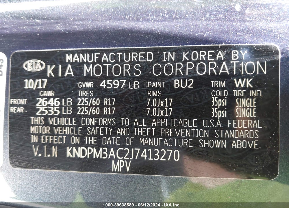 2018 KIA SPORTAGE LX VIN: KNDPM3AC2J7413270