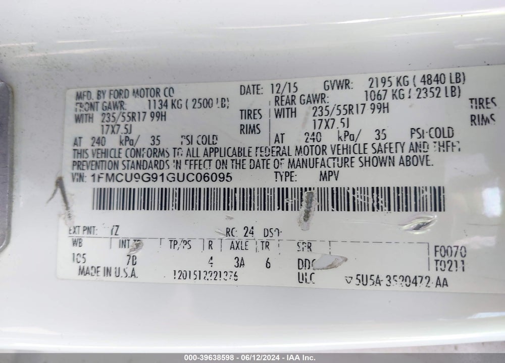 2016 FORD ESCAPE SE VIN: 1FMCU9G91GUC06095