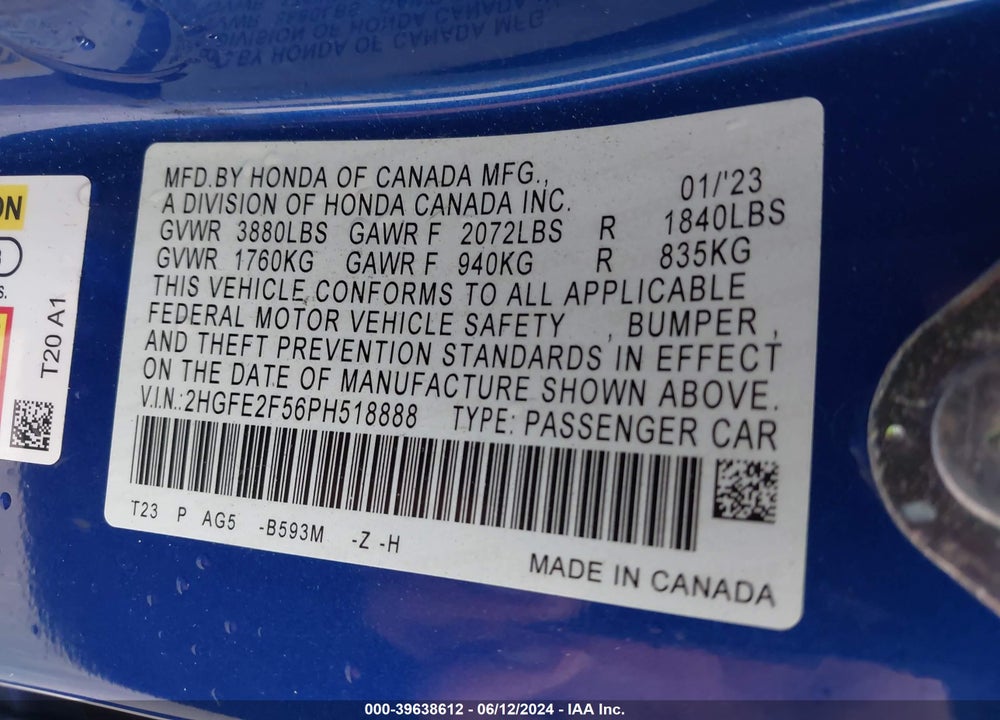2023 HONDA CIVIC SPORT VIN: 2HGFE2F56PH518888