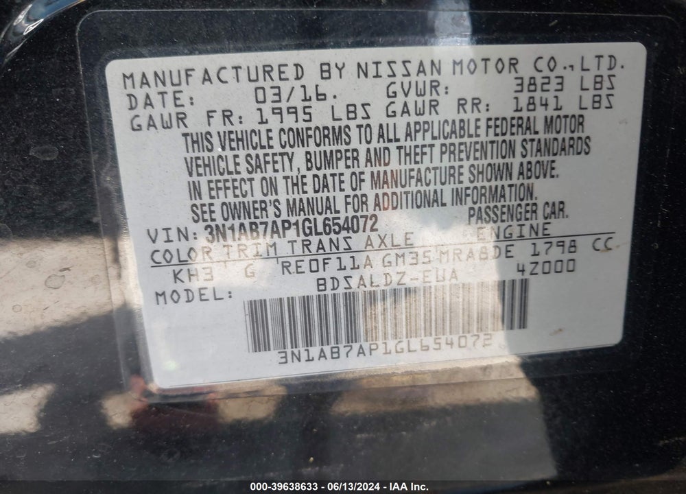 2016 NISSAN SENTRA SV VIN: 3N1AB7AP1GL654072