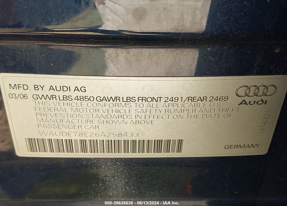 2006 AUDI A4 2.0T VIN: WAUDF78E26A258433