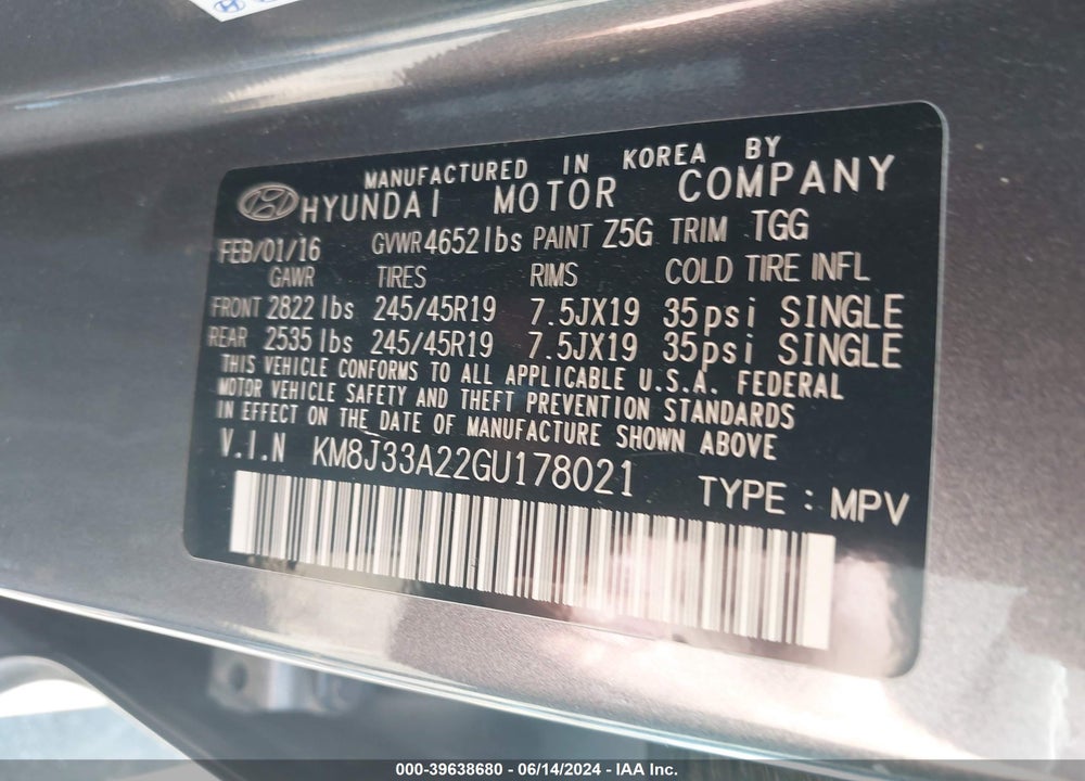 2016 HYUNDAI TUCSON SPORT VIN: KM8J33A22GU178021