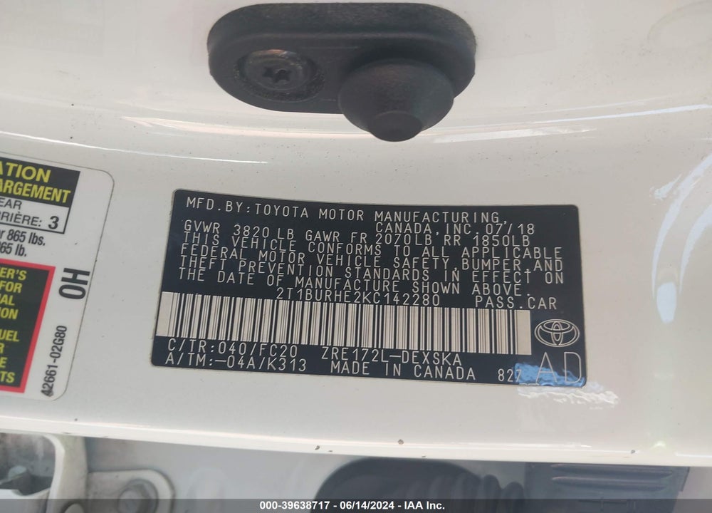 2019 TOYOTA COROLLA SE VIN: 2T1BURHE2KC142280