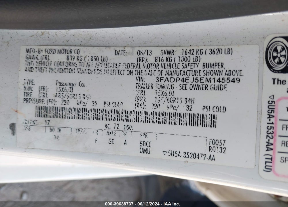 2014 FORD FIESTA SE VIN: 3FADP4EJ5EM145549