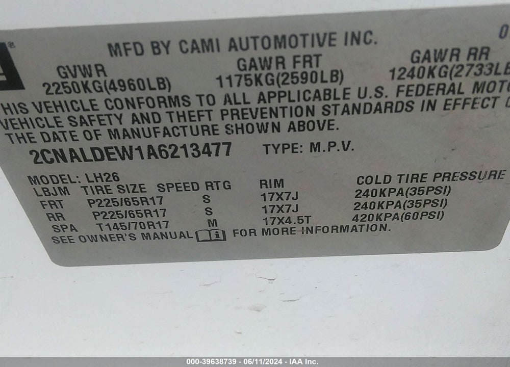 2010 CHEVROLET EQUINOX VIN: 2CNALDEW1A6213477