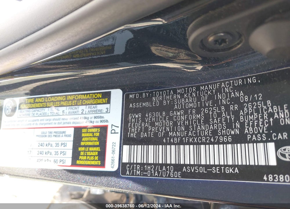 2012 TOYOTA CAMRY XLE VIN: 4T4BF1FKXCR247966