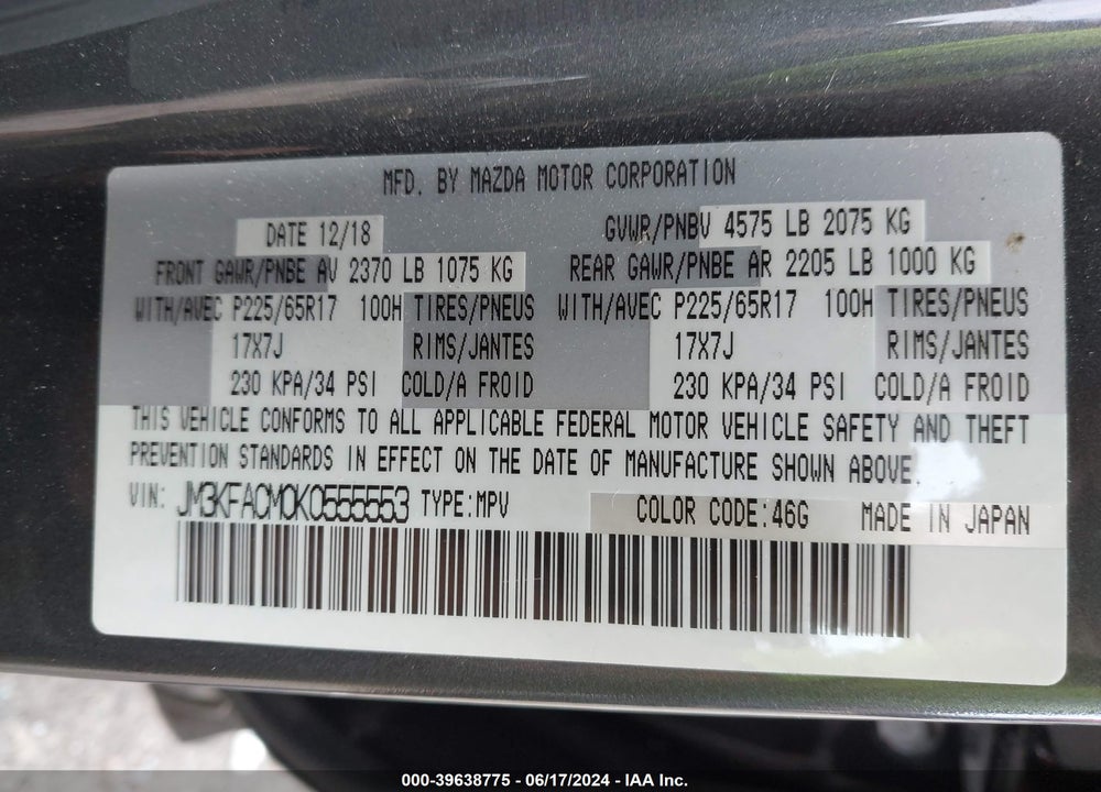 2019 MAZDA CX-5 TOURING VIN: JM3KFACM0K0555553