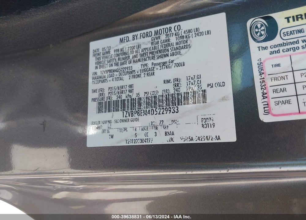2013 FORD MUSTANG V6 VIN: 1ZVBP8EM4D5229933