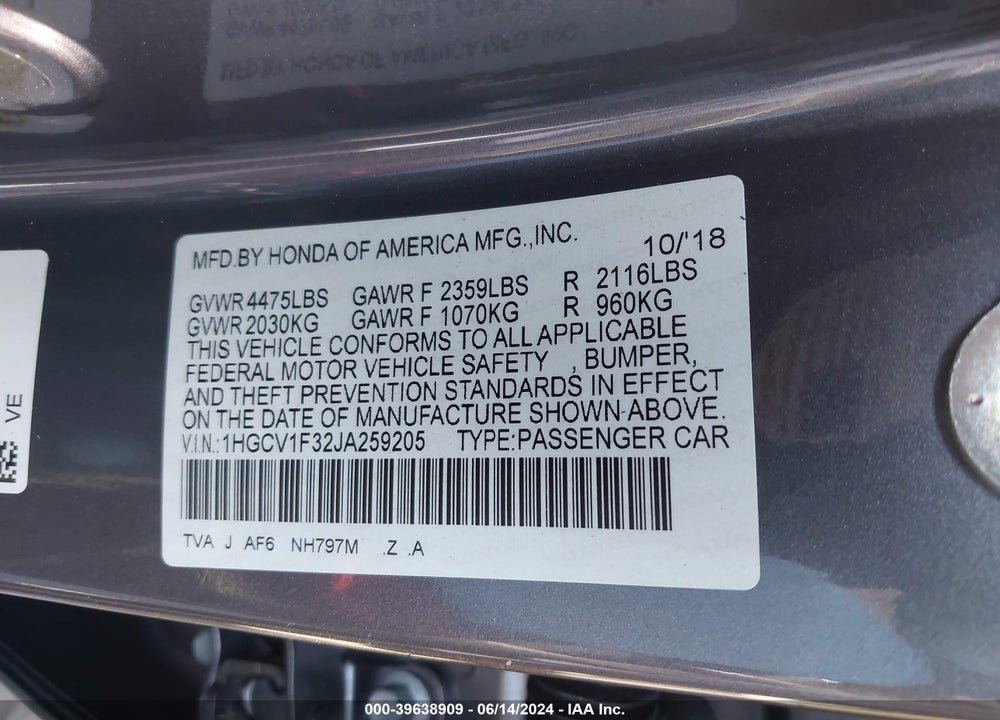 2018 HONDA ACCORD SPORT VIN: 1HGCV1F32JA259205