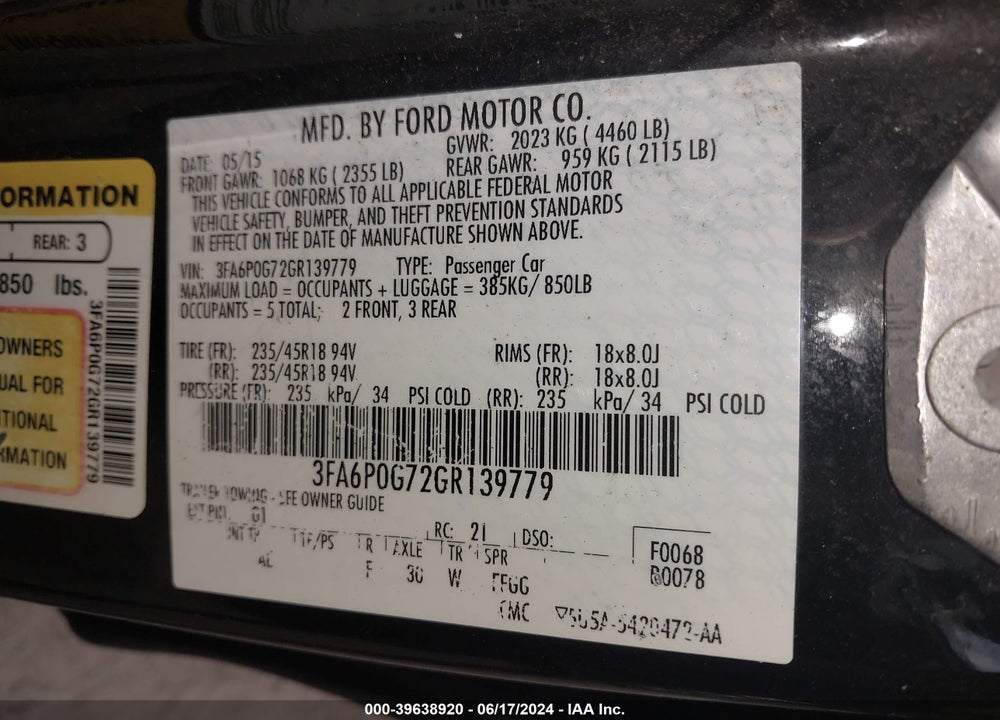 2016 FORD FUSION S VIN: 3FA6P0G72GR139779