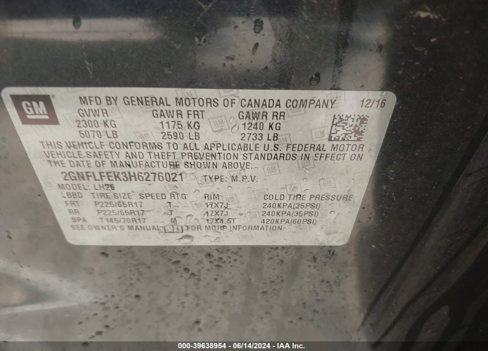 2017 CHEVROLET EQUINOX LT VIN: 2GNFLFEK3H6276021