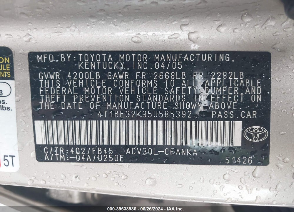 2005 TOYOTA CAMRY STD/ VIN: 4T1BE32K95U585392