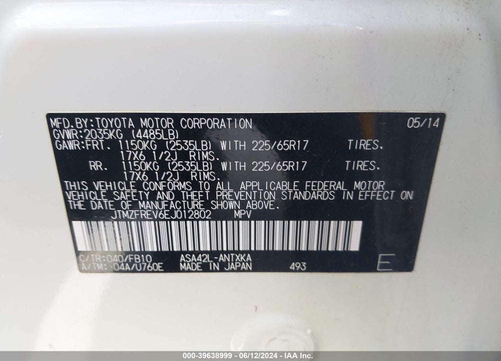 2014 TOYOTA RAV4 VIN: JTMZFREV6EJ012802