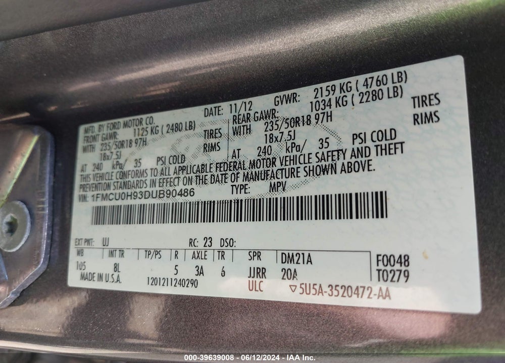 2013 FORD ESCAPE SEL VIN: 1FMCU0H93DUB90486