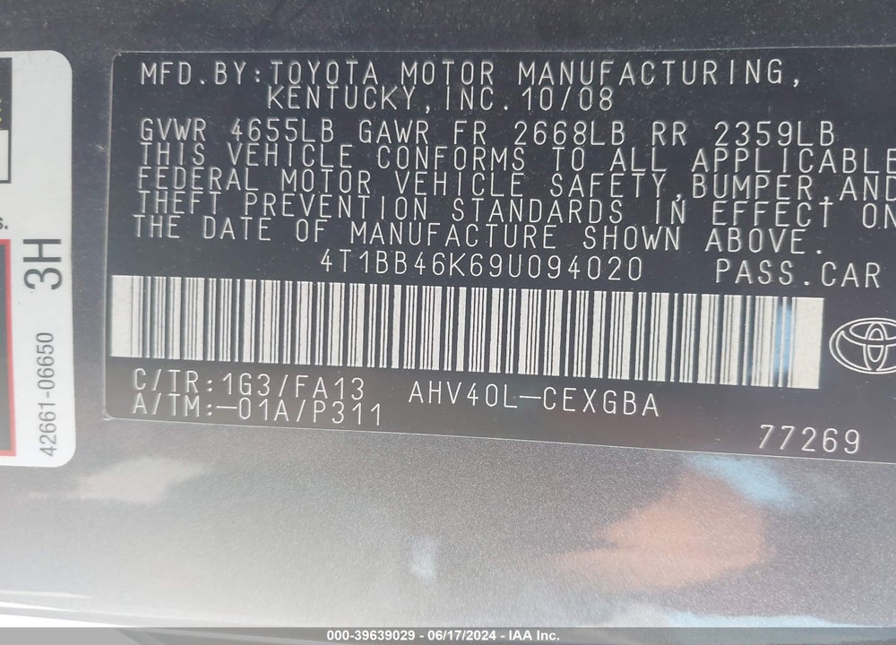 2009 TOYOTA CAMRY HYBRID VIN: 4T1BB46K69U094020