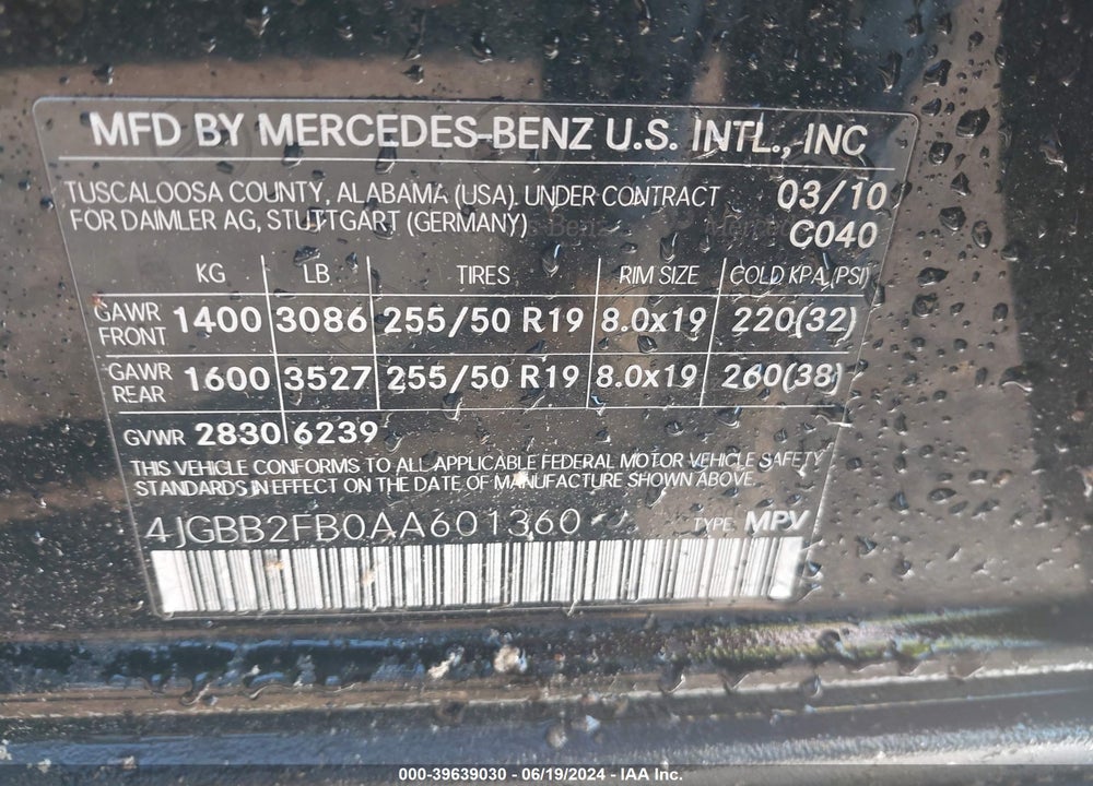 2010 MERCEDES-BENZ ML 350 BLUETEC 4MATIC VIN: 4JGBB2FB0AA601360