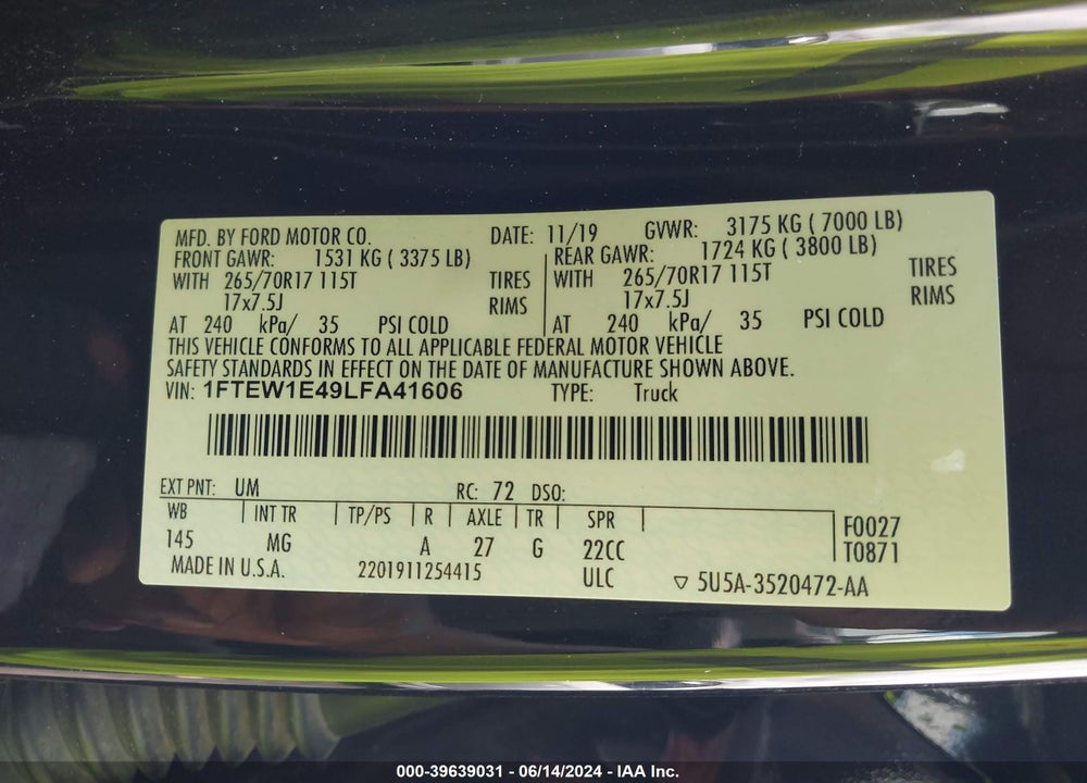 2020 FORD F-150 XLT VIN: 1FTEW1E49LFA41606