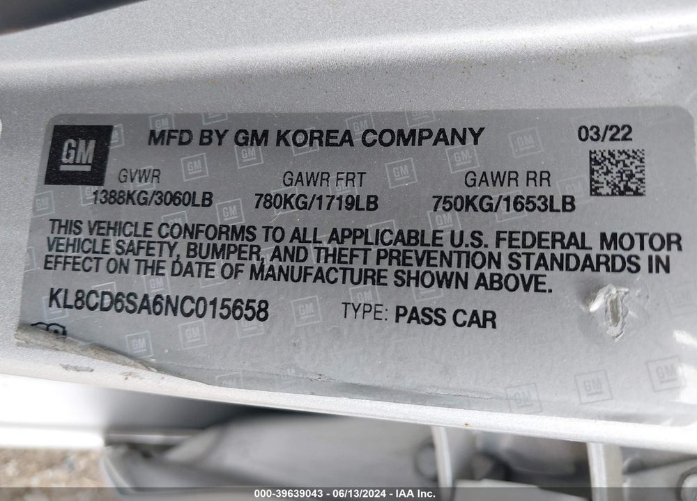 2022 CHEVROLET SPARK VIN: KL8CD6SA6NC015658