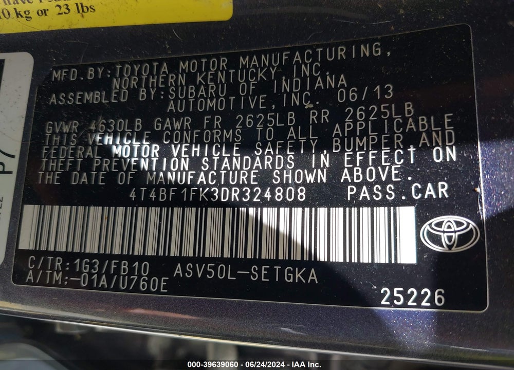 2013 TOYOTA CAMRY XLE VIN: 4T4BF1FK3DR324808