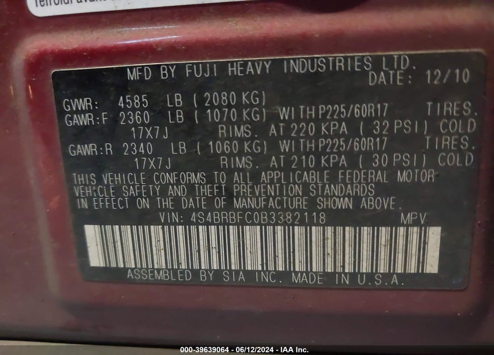2011 SUBARU OUTBACK 2.5I PREMIUM VIN: 4S4BRBFC0B3382118