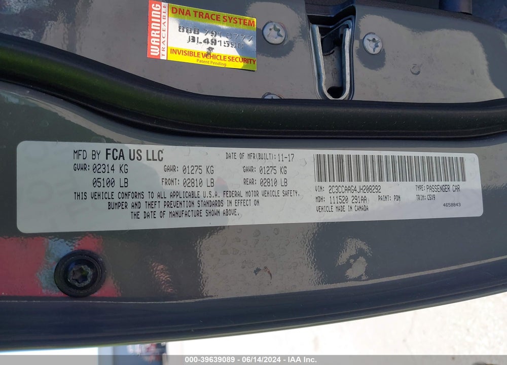 2018 CHRYSLER 300 TOURING VIN: 2C3CCAAG4JH208292