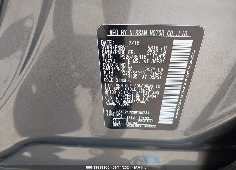 2016 NISSAN QUEST PLATINUM/S/SL/SV VIN: JN8AE2KP2G9155784