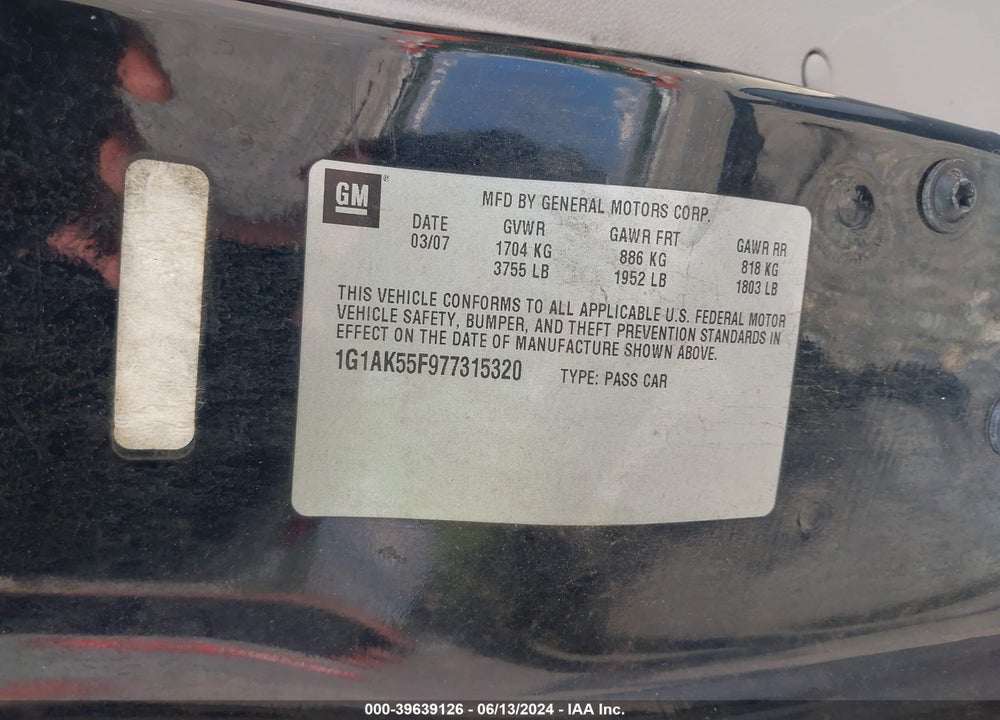 2007 CHEVROLET COBALT LS VIN: 1G1AK55F977315320