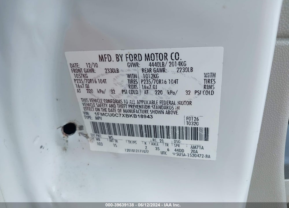 2011 FORD ESCAPE XLS VIN: 1FMCU0C7XBKB18943