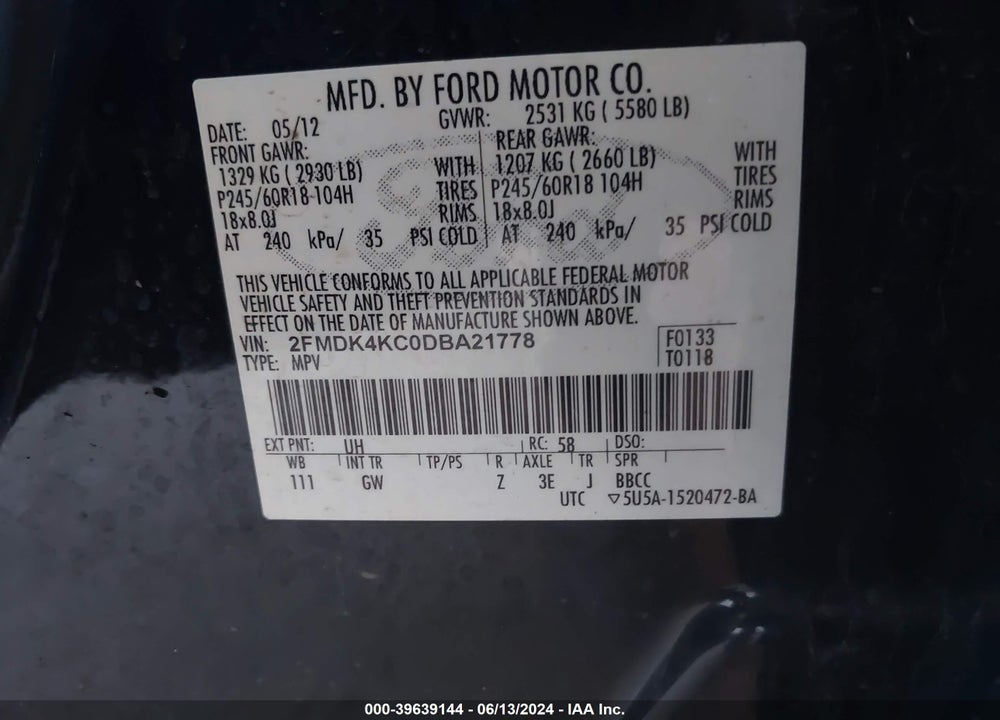 2013 FORD EDGE LIMITED VIN: 2FMDK4KC0DBA21778