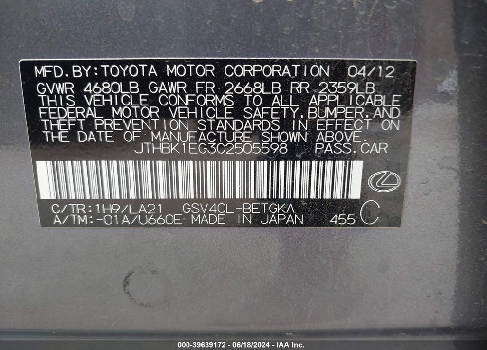 2012 LEXUS ES 350 VIN: JTHBK1EG3C2505598